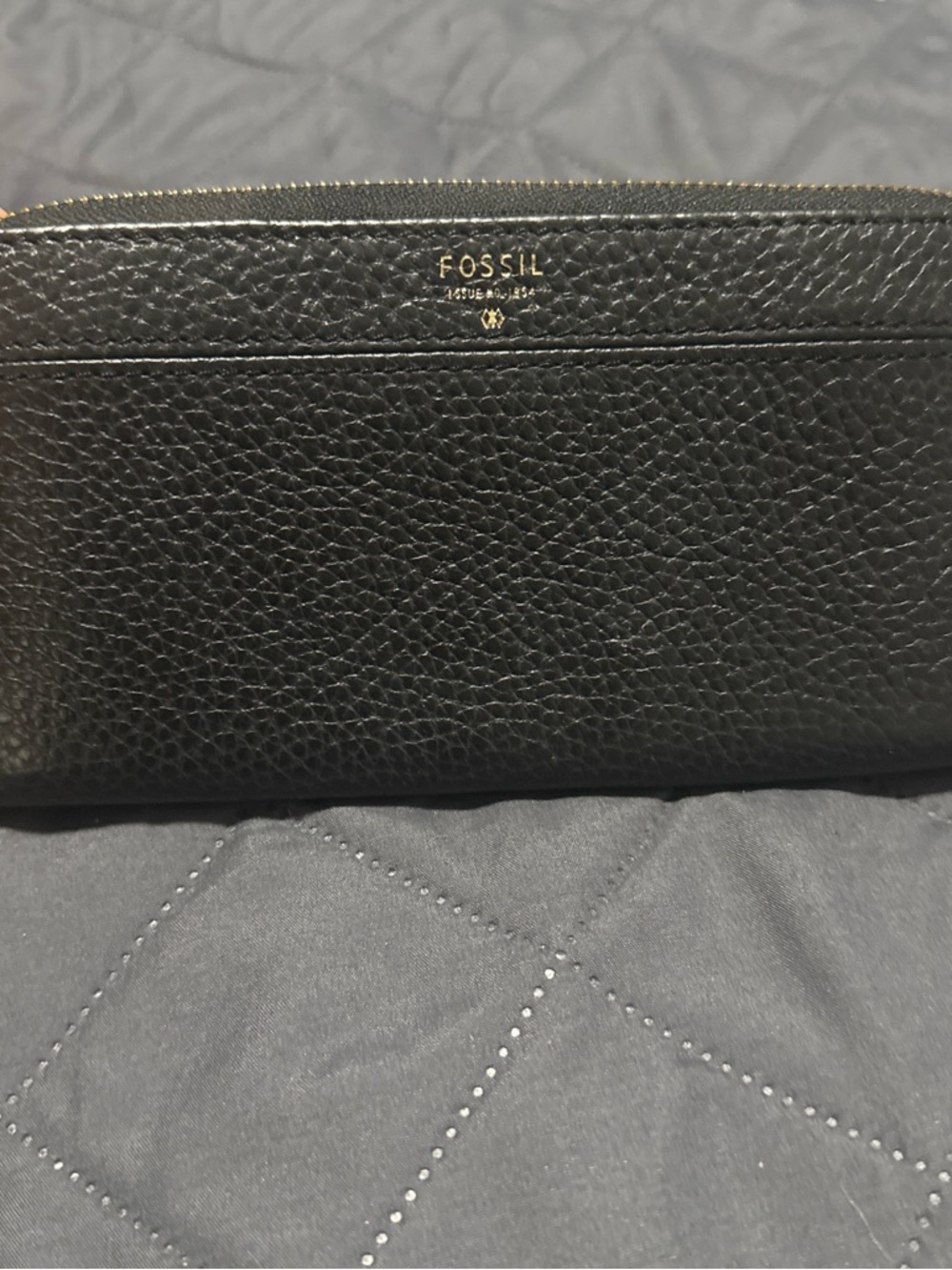 Fossil Black Pebbled Leather Zip-Around Wallet with Gold Accent